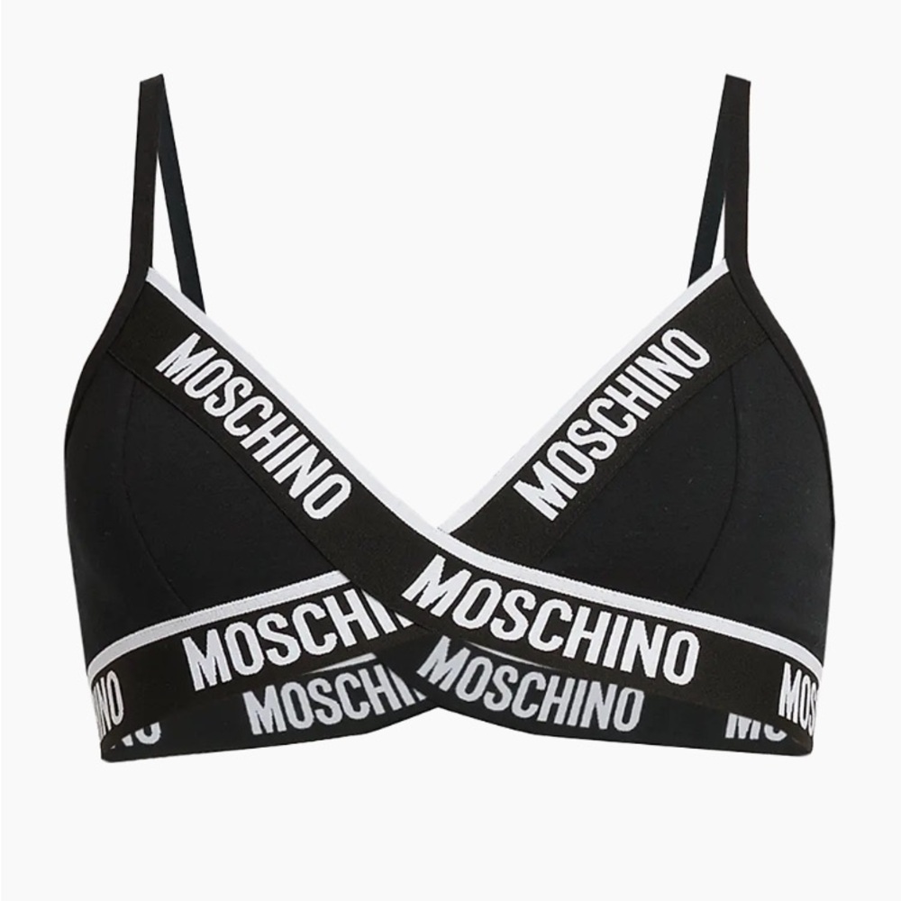 Moschino Black and White Cross-Strap Bralette- Logo Banded Bra Size1